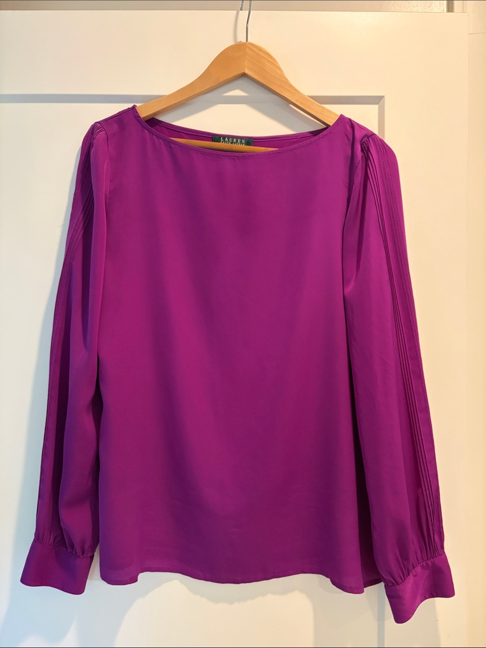 Lauren Ralph Lauren Magenta Pleated-Sleeve Boatneck Blouse